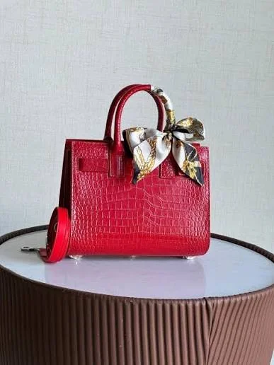 Crimson Croc-Embossed Leather Tote with Silk Scarf