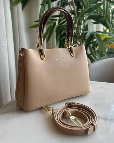 Two-Tone Beige & Mocha Structured Satchel